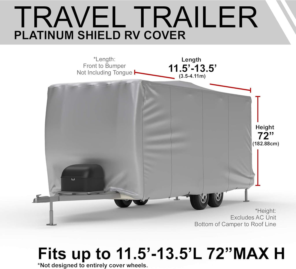 Weatherproof RV Cover for Travel Trailer 11.5' - 13.5' Long with Fleece Lining, Cable Lock, Storage Bag & Wind Straps C233597