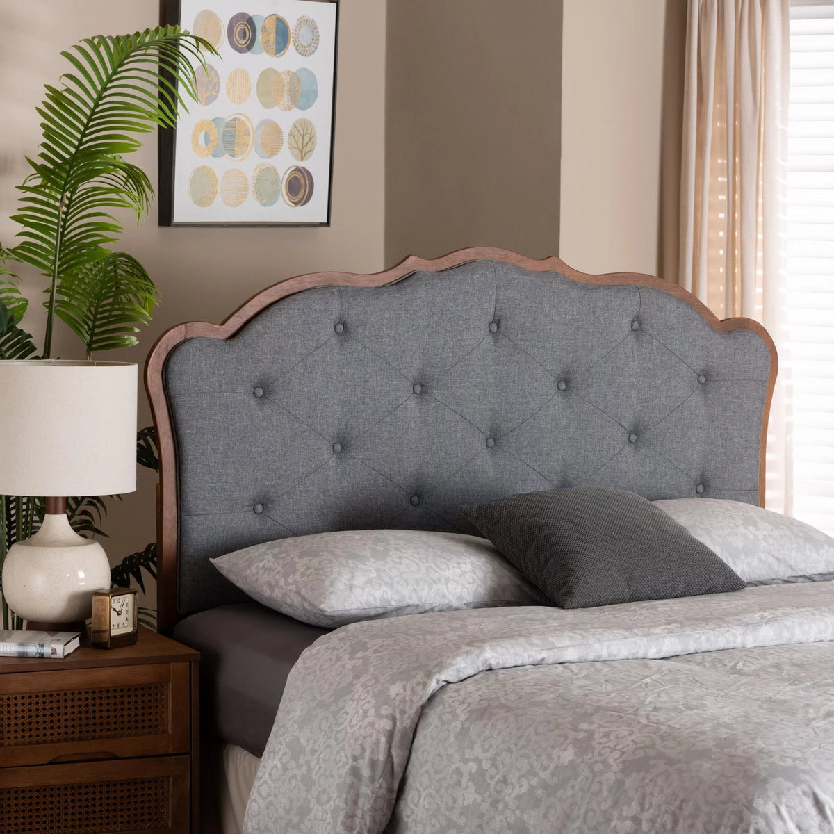 Grey Fabric and Walnut Brown Wood King Size Headboard N70012