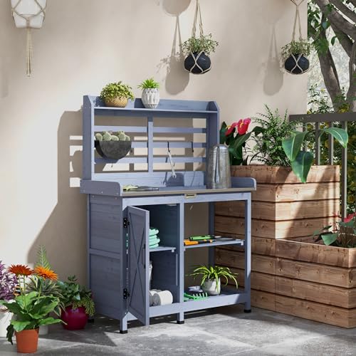 Wooden Potting Bench Table with Storage Cabinet Y6068