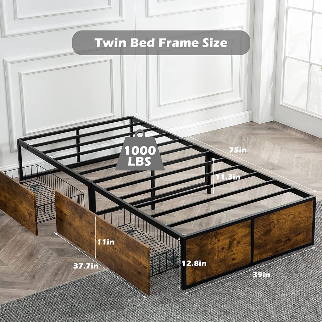 Twin Metal Platform Bed Frame with 2 XL Storage Drawers V6582