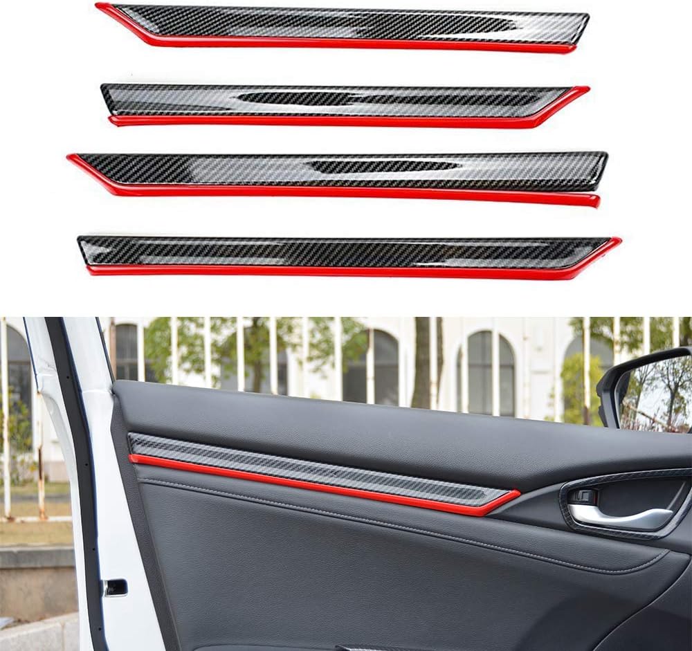 4pcs ABS Carbon Fiber Style Door Moulding Trims Cover Decal Accessories For Honda 4-Door Civic 2016-2020 RED Pack of 2 T3267