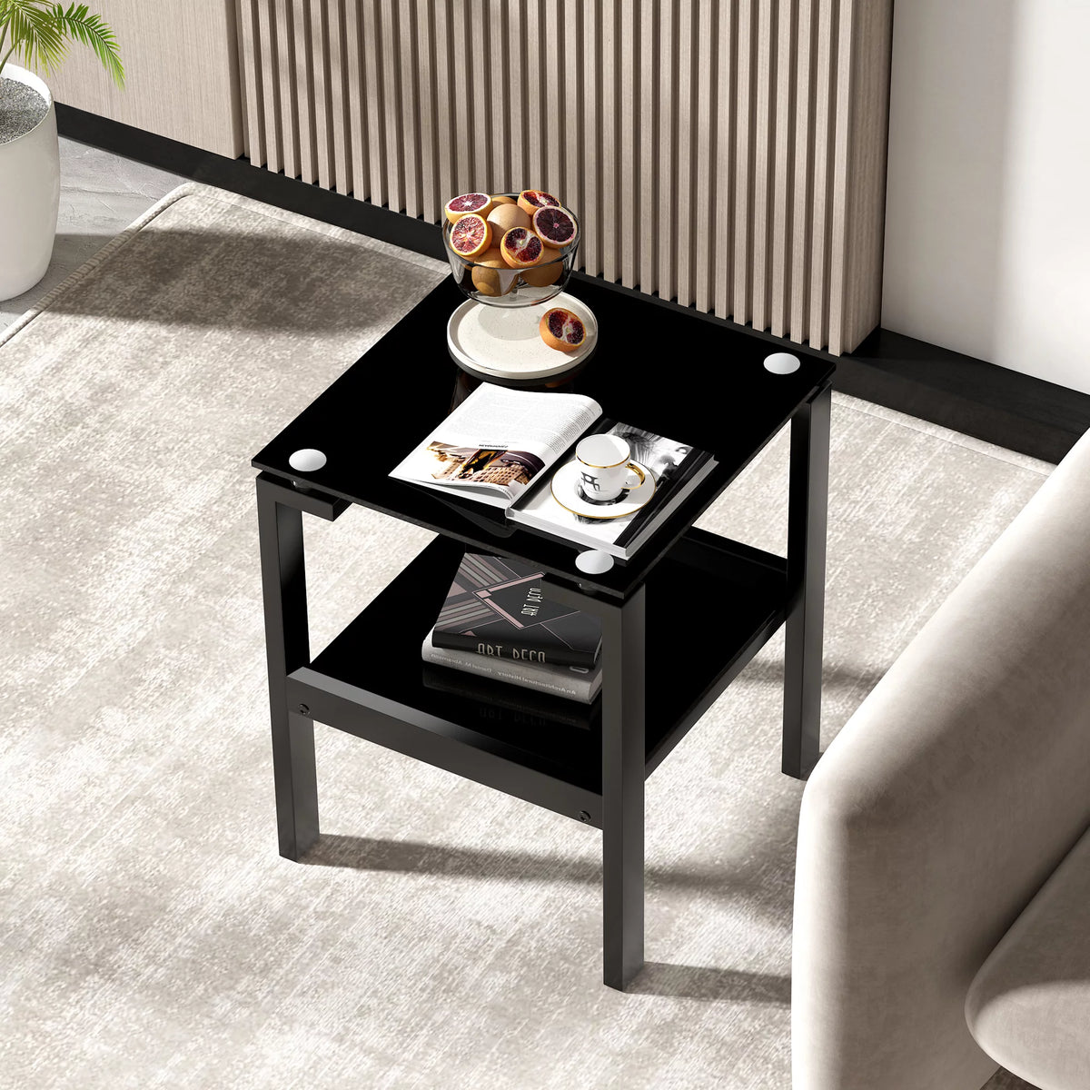 Black Tempered Glass 2 Layer End Table F347