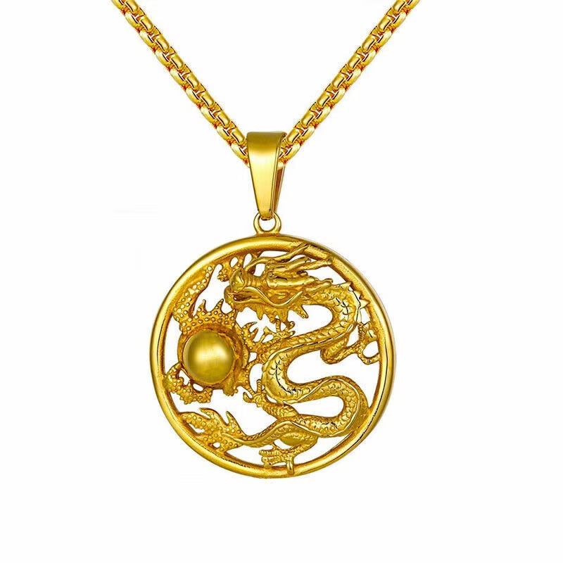 18k Gold Figaro Chain Necklace with Dragon Pendant C64447