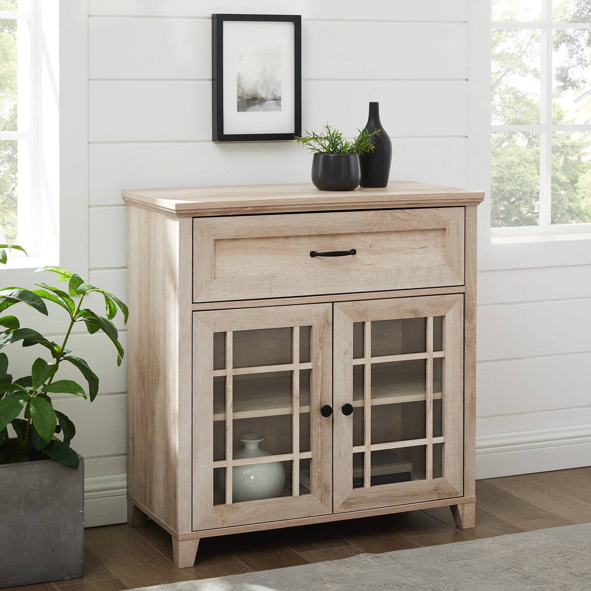 White Oak 2 Door Window Pane Accent Cabinet T304564