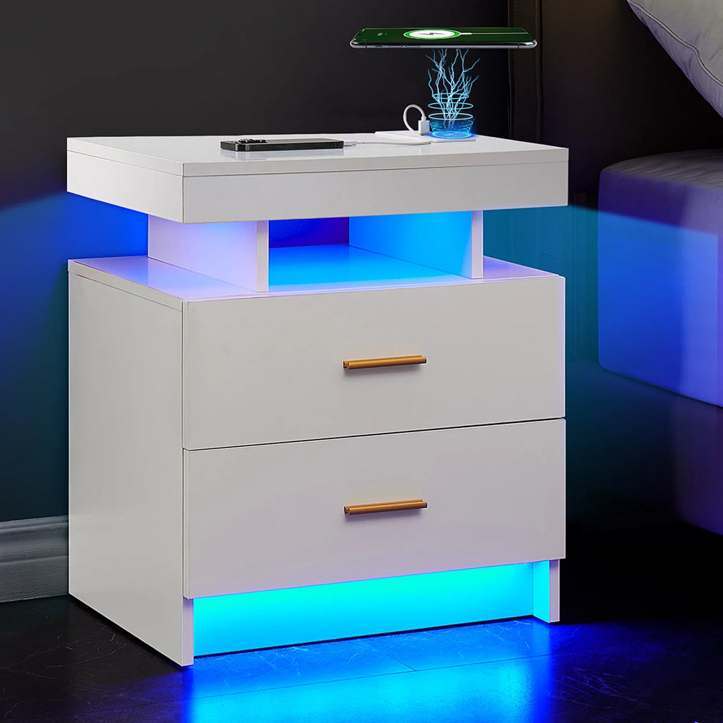 Black 2 Drawer LED Nightstand with Wireless Charging Station A398